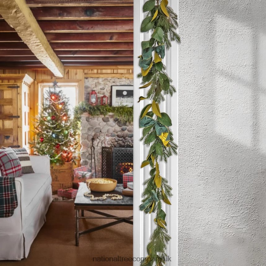 Greenery | National Tree Company 9\ Christmas Magnolia Mix Pine Garland with Fabric Bow 75 Warm White LED Lights- Battery Operated with Remote Control F2L4F422